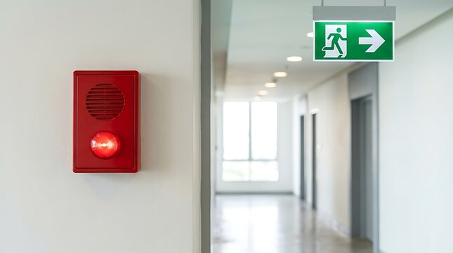 Red emergency fire alarm mounted on white office wall next to illuminated green exit sign showing direction in corridor of modern building facility during safety evacuation drill.