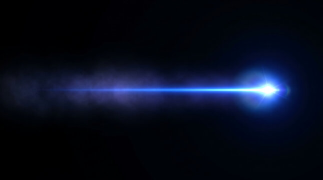 Bright blue laser beam with light flare on black background