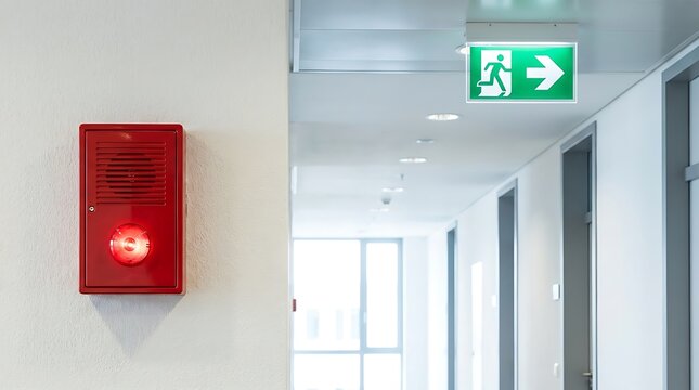 Red fire alarm strobe unit mounted on white interior office wall near bright corridor with green illuminated emergency exit sign hanging from ceiling in modern commercial building.