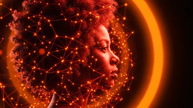 Black woman in profile with glowing digital network overlay, red lighting, futuristic AI concept