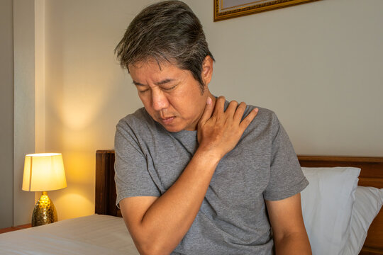 Patient suffering neck and shoulder strain from fatigue and tension, medical healthcare concept for treatment illustration.