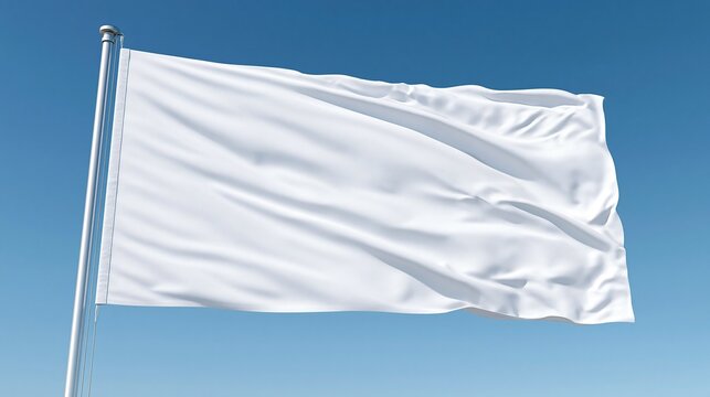 Blank plain white flag waving in the wind on metal flagpole against clear bright blue sky perfect for mockup custom design and presentation concepts