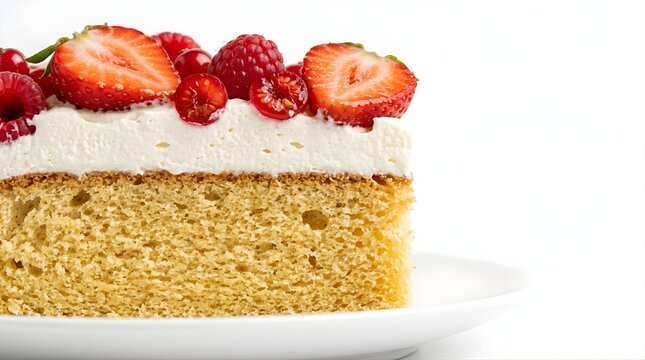 Slice of sponge cake topped with fresh summer berries and whipped cream