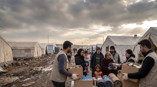 Humanitarian volunteers distributing food boxes, water, and blankets to families in a muddy refugee tent camp, concept of disaster relief and crisis aid.