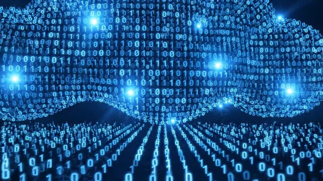 Blue Binary Cloud Computing Visualization with Flowing Data Streams and Glowing Digital Particles