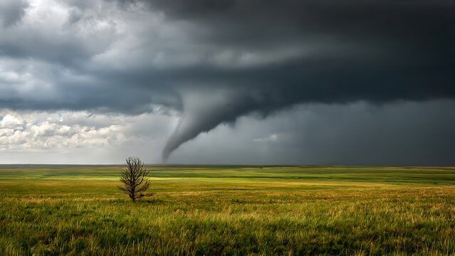 Dramatic tornado funnel cloud over a grassy plain.
