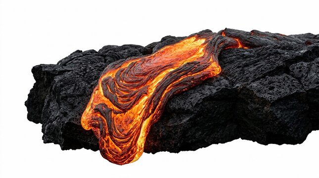 Molten orange lava flowing over dark cooled volcanic basalt rock isolated on a white background. High-detail macro shot showing glowing magma texture, heat, and porous black stone surface.
