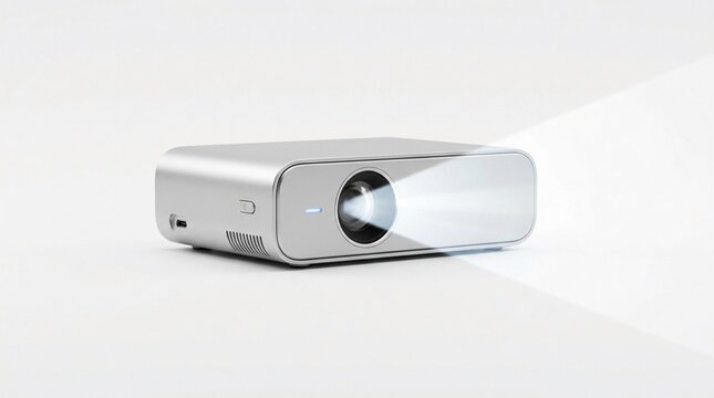 Portable silver mini projector emitting a bright beam of light on a plain white background. Compact digital multimedia hardware for cinema, home theater, and business presentations.