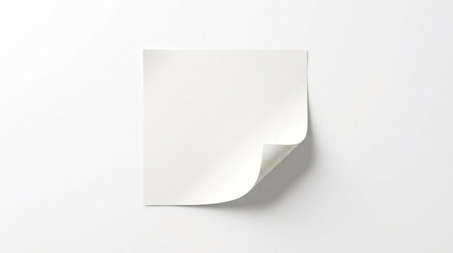 Single blank white square adhesive sticky note with curled bottom right corner isolated on a clean white background, minimalist paper stationery for office reminders and organization.
