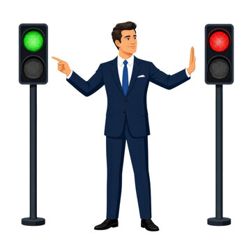 Businessman Making Decisions Between Green and Red Traffic Lights Concept Illustration