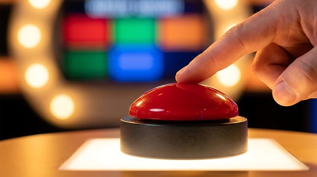 Finger pressing large red buzzer button on glowing surface in front of blurred game show screen lights background anticipating choice.
