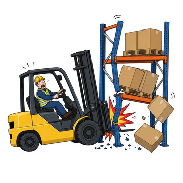 Cartoon Forklift Accident Crashing Into Warehouse Rack with Falling Boxes
