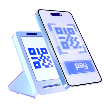 3D QR payment terminal and smartphone with Pay button, representing contactless checkout, mobile transactions, merchant services, and point-of-sale technology.
