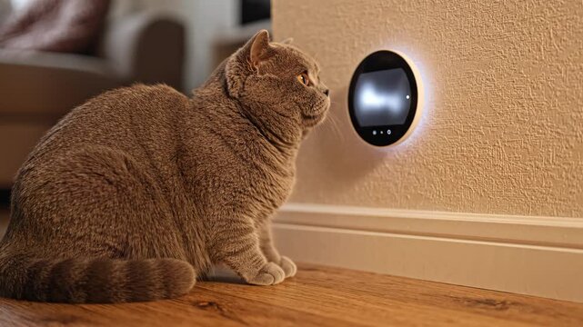 Curious British Shorthair Cat Observing Smart Pet Camera Mounted on Wall in Modern Living Room