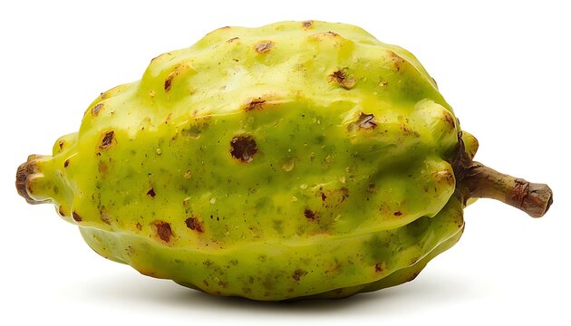 Fresh soursop fruit isolated on white. Tropical graviola berry with textured green skin.