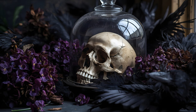 Weathered Human Skull Displayed under Glass Cloche Bell Jar surrounded by Dark Purple Hydrangeas and Black Raven Feathers in Fine Art Gothic Memento Mori Still Life Photography