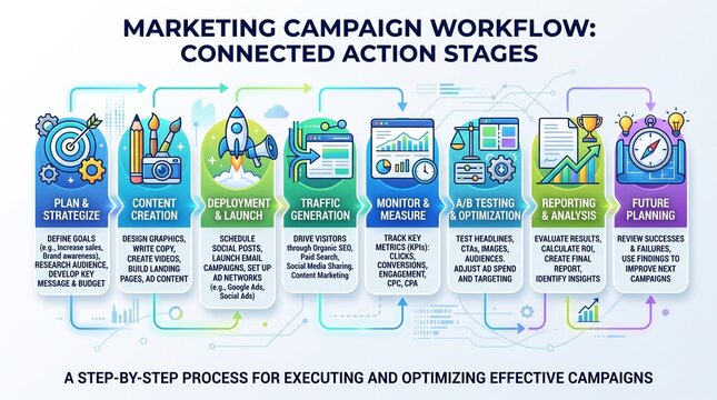 Comprehensive Digital Marketing Campaign Workflow Diagram Illustrating Strategic Planning and Execution Stages