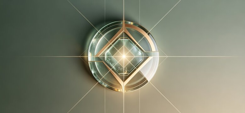 Geometric Sci Fi Badge Gold Ring Diamond Glowing Center Grid Green Logo