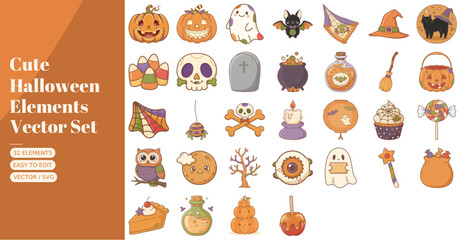 Fototapeta premium Cute Halloween Elements vector clipart. Set of 32 vector illustrations of friendly carved jack-o-lantern pumpkin, carved jack-o-lantern pumpkin, cute round white ghost, little black bat.