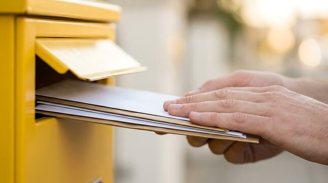 Person inserting pile of important documents and white envelopes into yellow street public mailbox on city sidewalk during bright daylight outdoor scene close up hand detail.