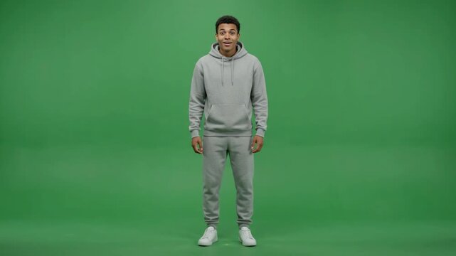 Young African American man wearing a gray hoodie and sweatpants standing confidently on a green screen background.