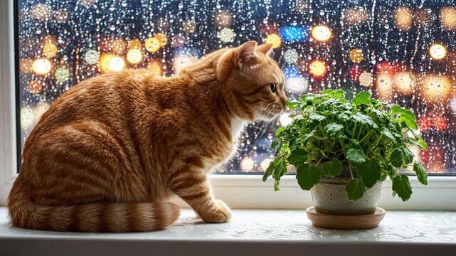 Ginger cat sitting on windowsill beside potted plant, watching rain and blurred city lights at night