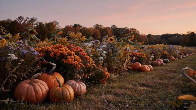 Autumn pumpkin patch in a field at sunset with colorful flowers