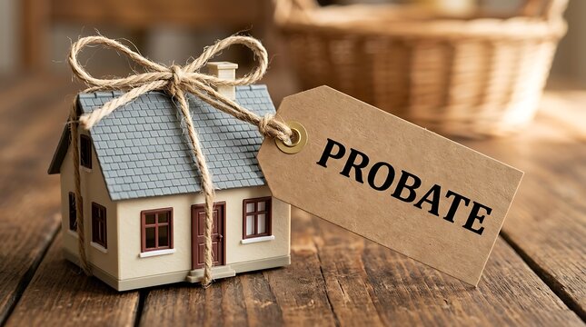 Miniature house with tag reading probate tied with twine represents inheritance legal process and estate settlement for property distribution after death.