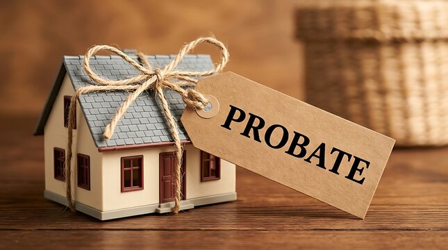 Miniature house with tag reading probate tied with twine represents inheritance legal process and estate settlement for property distribution after death.