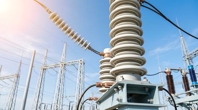 Electric substation with high voltage insulators and power lines against clear blue sky with sun flares Industrial electrical infrastructure and energy transmission equipment.