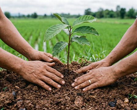 Hands Planting Young Tree in Soil Sustainable Agriculture Concept