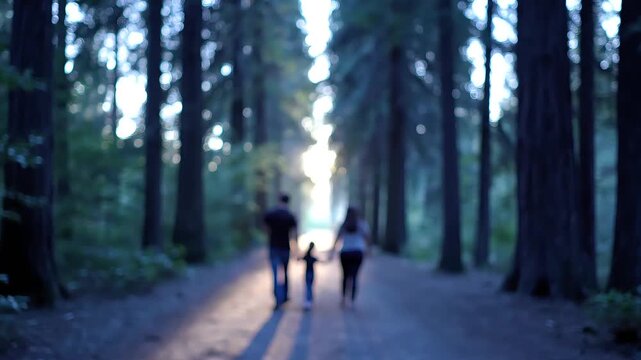 Family walking hand-in-hand down a tree-lined path towards a bright sunset, casting long shadows in a serene forest.