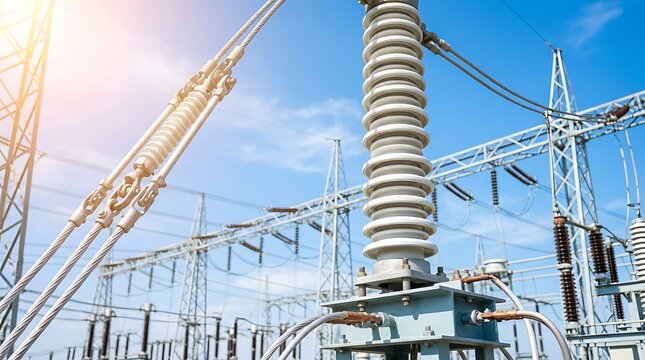 Electric substation with high voltage insulators and power lines against clear blue sky with sun flares Industrial electrical infrastructure and energy transmission equipment.
