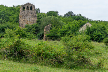 Fototapeta premium A field of green grass, bushes. A stone tower with windows. The ruins of an old settlement. Medieval palace complex. Khakhalajvari, Bolnisi district, Georgia