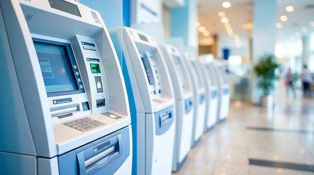 Row of modern automated teller machines ATM machines in bank lobby for customer cash withdrawal and financial services.