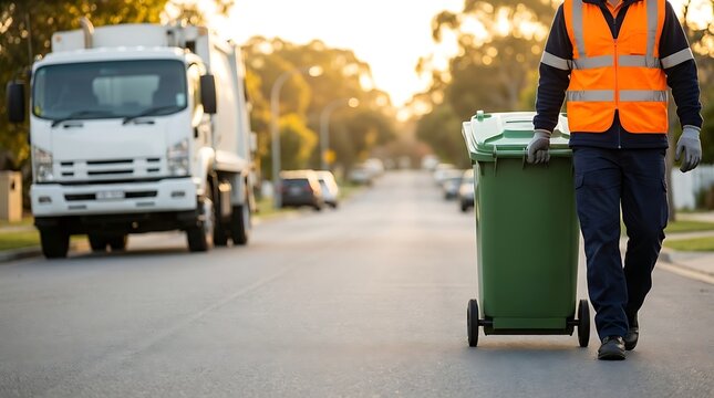 Sanitation worker wearing reflective vest pulls green garbage bin towards garbage truck on suburban street during sunrise with warm golden light filtering through trees.