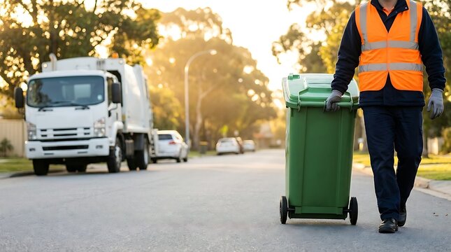 Sanitation worker wearing reflective vest pulls green garbage bin towards garbage truck on suburban street during sunrise with warm golden light filtering through trees.