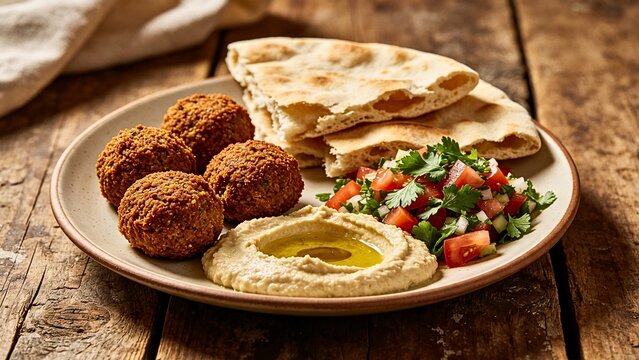 Middle Eastern Falafel Platter with Hummus Salad and Flatbread Lunch
