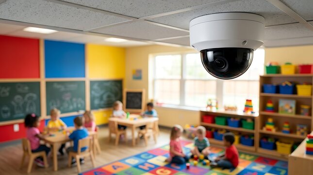 Security camera mounted on ceiling monitors diverse group of young children playing with colorful blocks at tables in bright preschool classroom with toys shelves.
