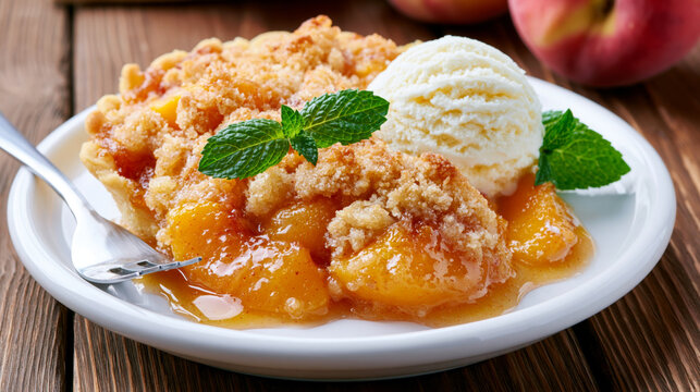 Warm peach crumble with vanilla ice cream and mint on a white plate, close-up dessert shot