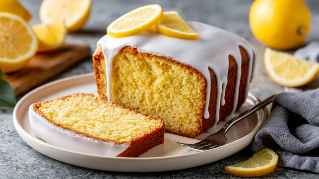 Lemon loaf cake with glossy icing and fresh lemon slices on a plate, sliced and ready to serve