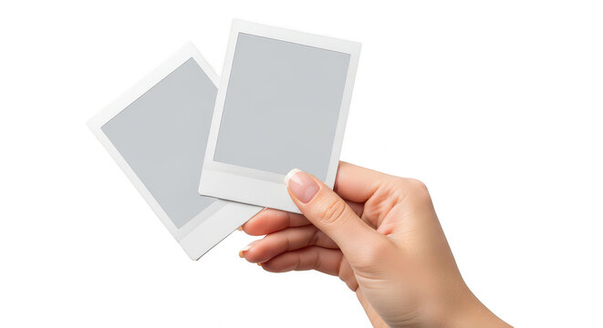 Hand holding two blank instant photo frames isolated on transparent background