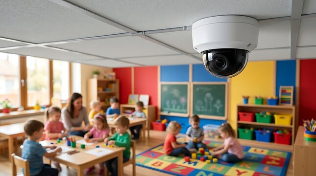 Security camera monitors classroom activities providing safety and surveillance for children learning and playing under teacher supervision in a daycare facility.