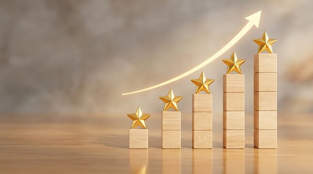 Bar graph of wooden blocks with golden stars and upward arrow symbolizing success growth and positive performance evaluation showing excellent results and achievements.