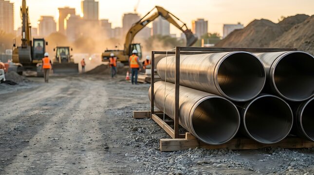 Construction site progress urban development with heavy machinery and large pipes storage construction materials workers in safety vests urban skyline sunset.