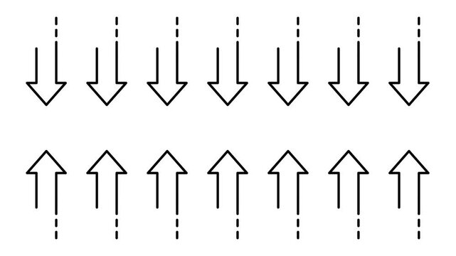 Multiple upward and downward arrow icon with dashed line animation isolated on white background