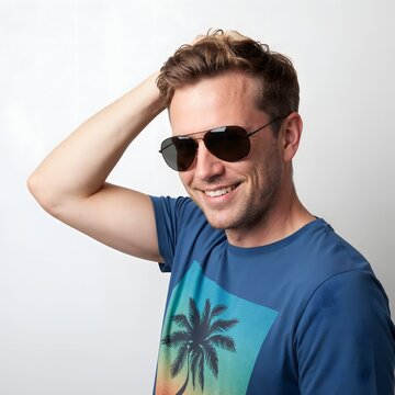 Conceptual waist-up portrait of a confident smiling man in a tropical shirt and sunglasses casually tousling his thick hair, symbolizing successful hair restoration and a health tourism vacation.