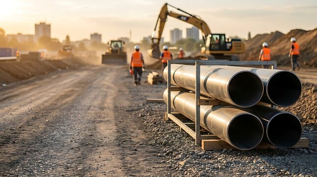 Construction site progress urban development with heavy machinery and large pipes storage construction materials workers in safety vests urban skyline sunset.