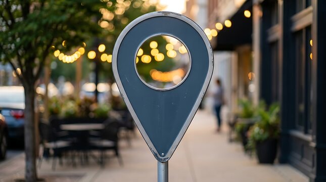 Location marker sign on city street with blurred bokeh lights and trees in background urban setting directional information symbol.