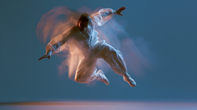 Contemporary dancer mid-air jump capturing dynamic motion, energy and flowing fabric in studio lighting
